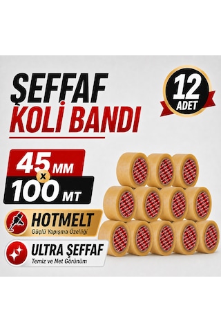 Sanplaza Şeffaf Hotmelt Koli Bandı 45 Mm X 100 Mt Güçlü Yapışkanlı Paketleme Ambalaj Bandı 12 Adet