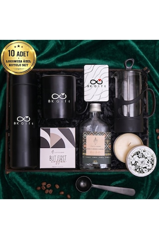 Logonuza Özel 10 Kutu Premium Hediye Seti Ahşap Kutulu Termos, French Press Ve Kahve Seti