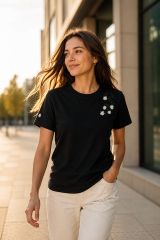 Yubistitch Tshirt Nakış İşlemeli Çiçek 6-Siyah S