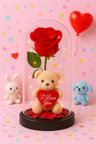 Dekoratif Tasarım Fanus Led Işıklı Kırmızı Gül I Love You Ayıcık Sevgiliye Romantik Aşk Hediye Seti
