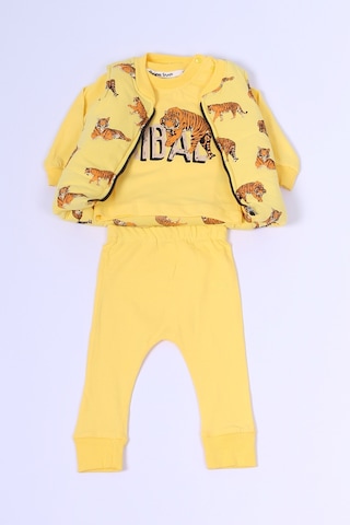 Erkek Bebek 3 Lü Takım 3 İplik Yelekli Kaplan Baskılı Fermuarlı C57 sarı