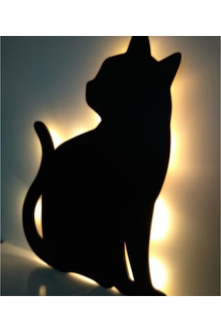 Dekoratif Büyük Boy Led Işıklı Oturan Kedi Ahşap Tablo