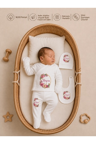 Pia Baby Kız Bebek 4 Parça Tulum Seti %100 Pamuk İsim Baskılı Kişiye Özel Hastane Çıkışı Battaniyeli 1072bt0x Ekru