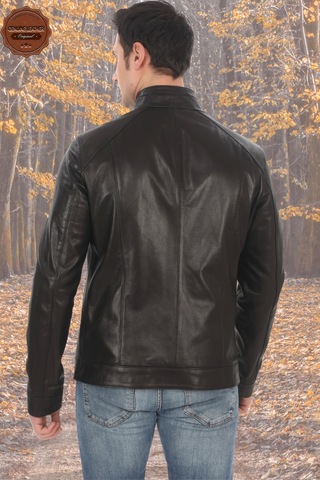 Ersefa Erkek Hakiki Kuzu Derisi Mont Slim Fit Siyah Biker Ceket Fermuarl