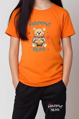 Fyk Kids Kız Çocuk Baskılı Happy Bear Bel Detayı Lastikli Alt-üst Pijama Takımı Turuncu