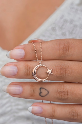 925 Ayar Gümüş Rose Sade Taşsız Ayyıldız Kolye Rose Gold