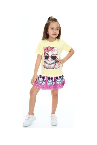 My Kids Wear Sevimli Kedi Etek Tişört Kahverengi - Beyaz