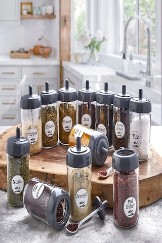 12 Adet Kapağı Kendinden Kaşıklı Cam Baharatlık Seti 300 Ml ŞEffaf