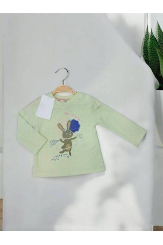 Kız Bebek Tavşan Baskılı Pamuklu İnce Uzun Kollu Bluz-14900 Yeşil