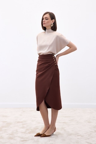 Sateen Düğme Detaylı Kalem Etek - Kahve-136775 Kahve