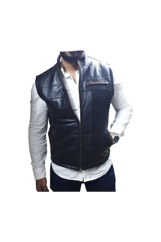Hakiki Deri Siyah Hakim Yaka Yandan Cepli Erkek Deri Yelek Siyah