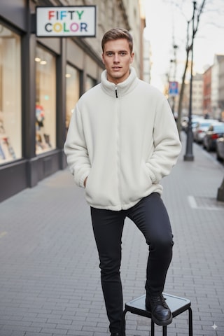 Beyaz Premium Kalite Dik Yaka, Fermuarlı, Polarlı, Peluş Ceket Beyaz