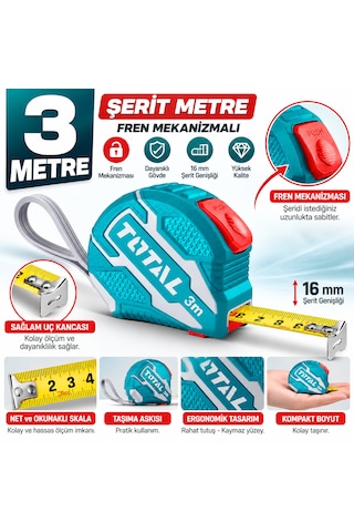 Orjinal Şerit Metre Stoplu Fren Mekanizmalı Patentli Premium Metre 3 Metre X 16 Mm Üst Kalite