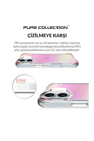 Bix iPhone Uyumlu 16 Plus Pure Rainbow Renk Geçişli Şeffaf Kılıf Çizilmeye Dayanıklı Darbe Emici Pembe