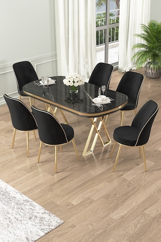 Canisa Lai Serisi 90x168 Lak Panel Sonata Gold Ayak Masa Takımı 6 Siyah Sandalye Sonata Masa Siyah Sandalye Ayaklar Gold