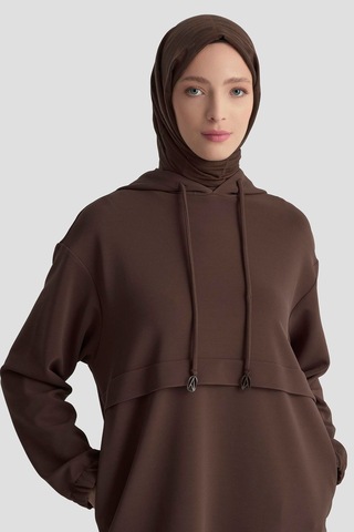 Armine Trend Kapüşonlu Yandan Cepli Kolları Lastikli Fitilli Tunik Kahverengi 25kt462 Kahverengi