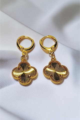 Altın Kaplama Kalem İşlemeli Yonca Küpe - 1.5 Cm Sallantılı Şans Yoncası Kadın Küpe Gold