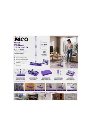 İbico İ21-018 Mandallı Palet Mop - Mikrofiber Yedekli, 70-107 Cm Metal Uzayan Sap, 360