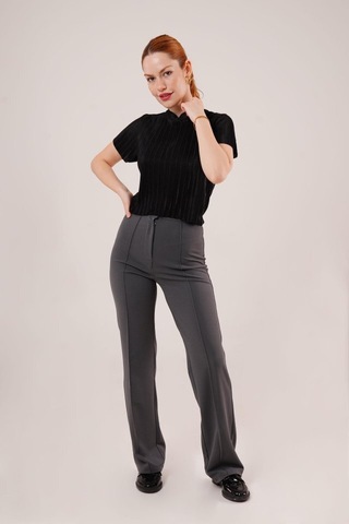 Fitilli Kısa Kollu Parlak Siyah Bluz Antrasit Melanj