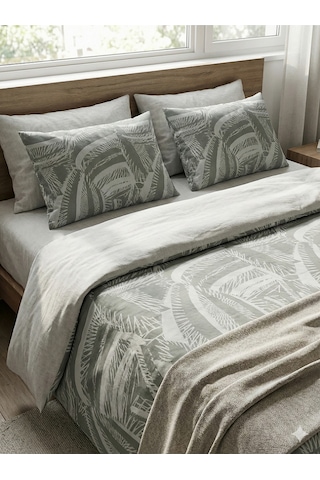 Maki Home %100 Pamuklu Palmiye Yaprakları Desenli 200x220+2 50x70 Çift Kişilik Nevresim Seti Çok Renkli