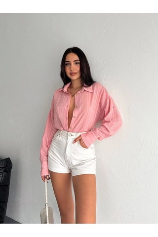 Çizgili Oversize Gömlek Pembe