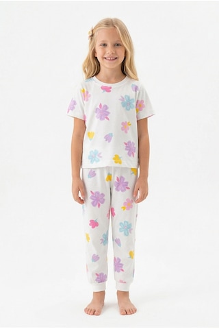 Bunny Hopp Renkli Çiçek Desenli Kısa Kollu Kız Çocuk Pijama Takımı - %100 Pamuklu Beyaz Takım