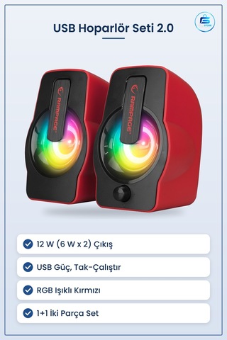 Hoparlör Seti 2.0 Usb Rgb Işıklı Kırmızı Multimedya 12w Bilgisaya