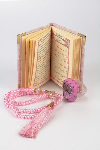 Taşlı Zikirmatik - Mini Kadife Yasin - İnci Tesbihli Hediyelik Set - Pembe Renk
