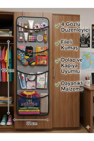 Kapı Arkası Organizer Gri 4 Gözlü Askılı Dolap İçi Düzenleyici File Cepli Çok Amaçlı Saklama Organizeri Banyo Mutfak Oyuncak Kozmetik Düzenleyici Ev İçi Düzenleyici Dolap İçi Düzenleyici Antrasit - Gri