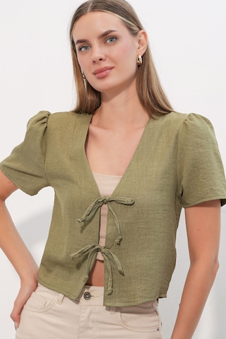 Hiccup Bdart Dokulu V-yaka Keten Karışımlı Crop Top Haki