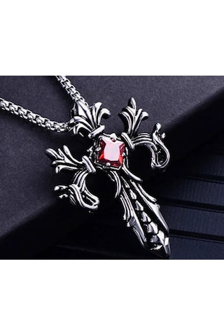 Paslanmaz Çelik Kırmızı Zirkon Taşlı Gotik Haç Kolye