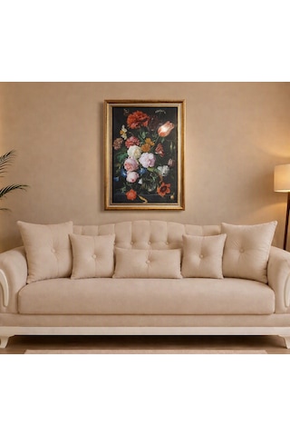 Vintage Gold Çerçeveli Tablo Vazo Ve Çiçekler 60x80 Cm