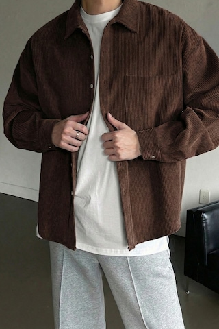 Genius Store Erkek Gömlek Fitilli Kadife Oversize Gömlek Yaka Cepli Uzun Kollu Ceket Gömlek Kahverengi