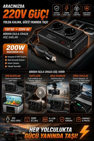 200w 12v Dc - 220v Ac Araç İçi İnvertör Priz Usb Girişli Dijital Göstergeli