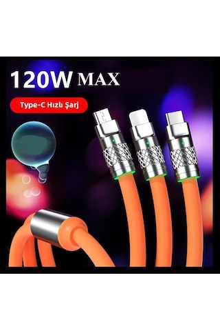 Zhltools 3 İn 1 Usb To Type-c - Micro Usb - Lightning 120w Hızlı Şarj Kablosu 1.2 Metre Turuncu