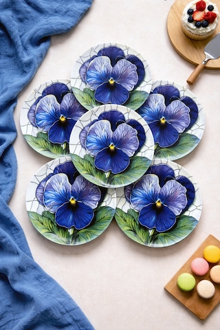 Grandora Mor Çiçek Desenli 6 Adet 20 Cm Pasta Veya Tatlı Tabağı Modern Şık Sunum Tabağı Mor