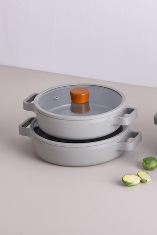 Neoflam Fika Cam Kapaklı Alüminyum 2'li Sahan Set 20 - 22cm Gri