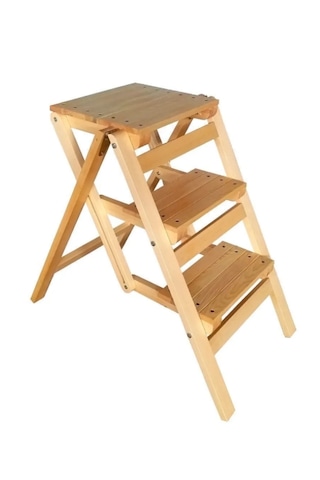 Abaş Ahşap Merdiven Tabure Katlanır 3 Basamaklı Natural
