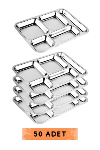 Paslanmaz Çelik 5 Bölmeli Metal Tabldot Tabağı 28x40cm 50 Adet 50 Kişilik Self Servis Tabldot gri
