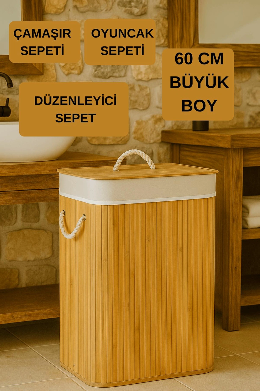 Dikdörtgen Katlanabilir Bambu Kirli Çamaşır Sepeti Oyuncak Düzenleyici Organizer 60 Cm Bambu