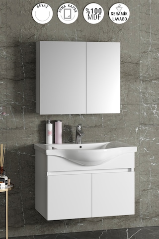 Yıldız 80 Cm Beyaz Mdf Seramik Lavabolu Asma Banyo Dolabı Takımı Beyaz