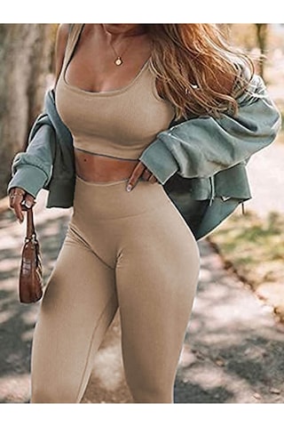 Esnek Fitilli Spor Tayt Ve Geniş Askılı Pedli Büstiyer Takımı - Kadın Yüksek Bel Kombin 001