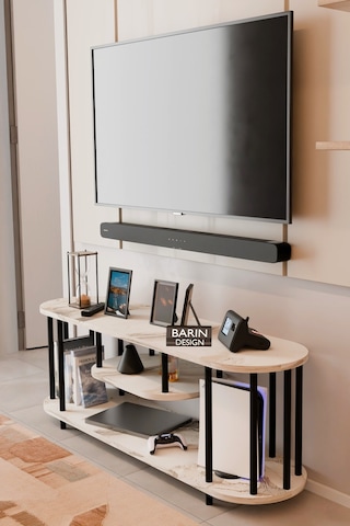 Modern Tv Ünitesi Ahşap Raflı 2 Katlı Televizyon Sehpası Minimalist,dayanıklı, Fonksiyonel Tv Standı Beyaz Mermer