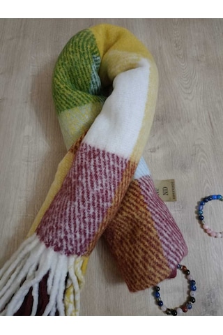 Enefendi Omuz Şalı - Atkı Renkli Kareli Bordoyeşilsarı Yumuşak, Çift Taraflı Pofidik Kışlık ,sıcak 45 X 185 Renkli