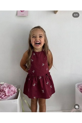 Noble Kids Kız Çocuk Kurdele Nakışlı Pamuklu Elbise Bordo