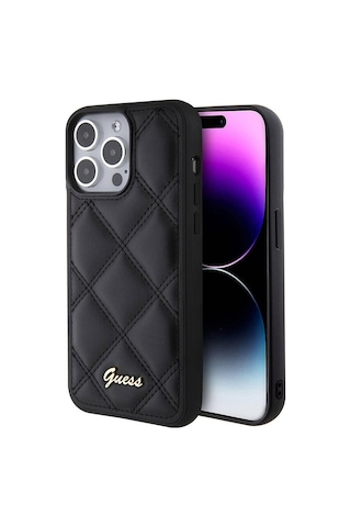 Apple Uyumlu iPhone 15 Pro Max Kılıf Guess Lisanslı Pu Deri Metal Yazı Logolu Kapitone Kapak Siyah