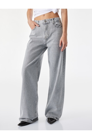 Koton Taş Detaylı Yıkamalı Normal Bel Pamuklu Geniş Paça Denim Pantolon - Wide Leg Jeans Gri 7wal40129md