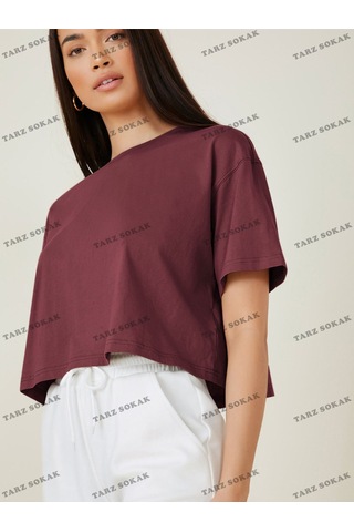 Flood Of Style Crop Ckod-232913 Pamuk Damla Omuz Düz Kısa Bordo