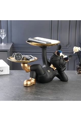 Honeybeeshop Siyah French Bulldog Dekoratif Figür İki Tepsili Masaüstü Organizatör Anahtarlık Aksesuar Hediyelik