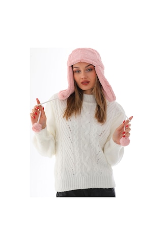 Kadın Pudra Kürklü Kulaklıklı Peluş Şapka Pudra